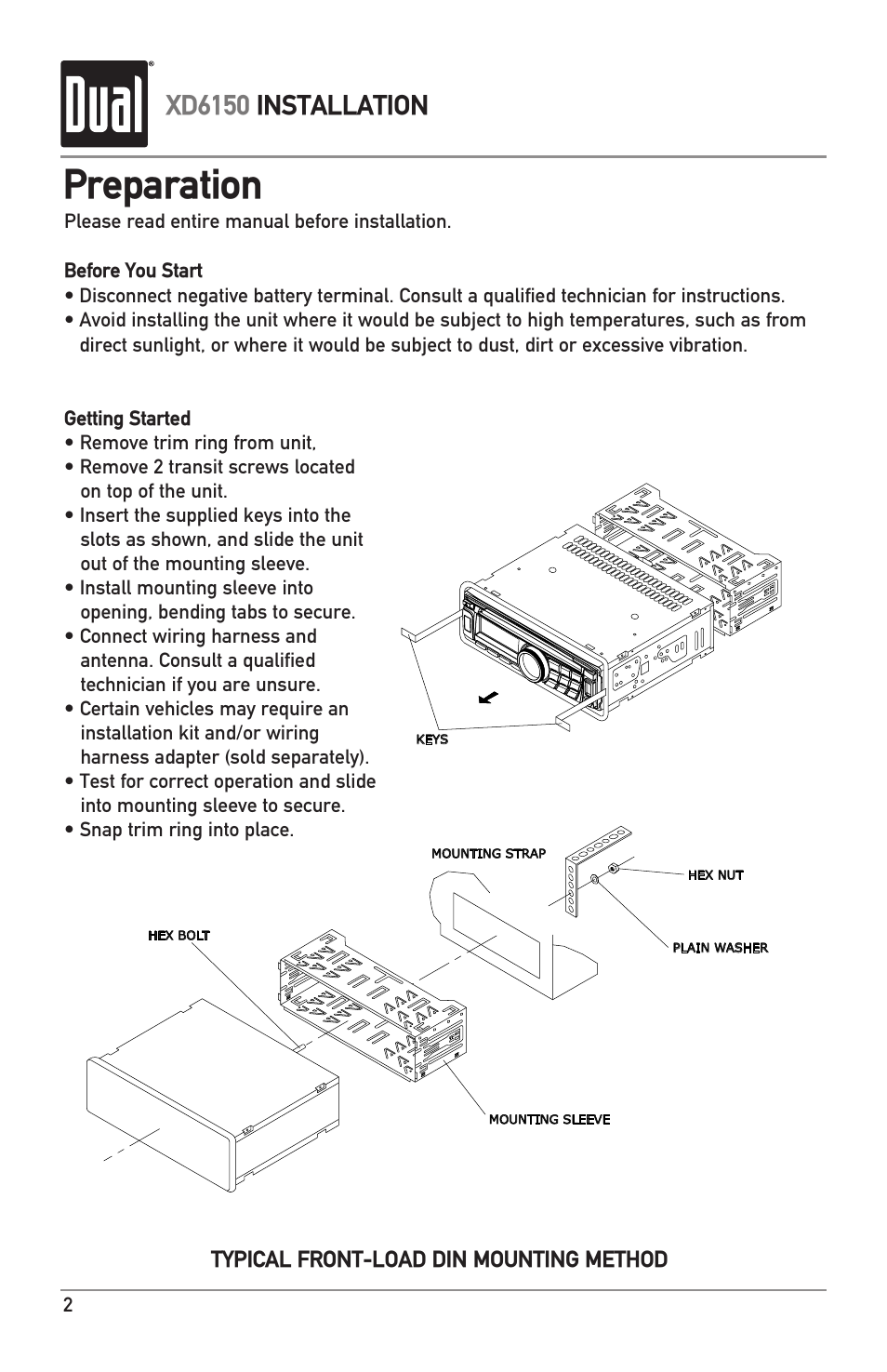 Preparation, Xd6150 installation, Typical front-load din mounting method | Dual XD6150 User Manual | Page 2 / 16