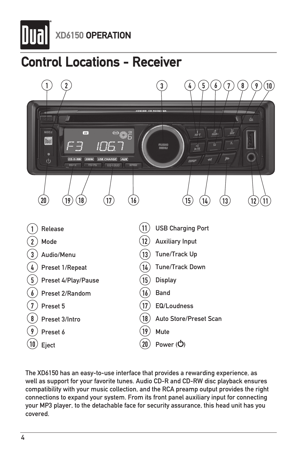 Control locations - receiver, Xd6150 operation | Dual XD6150 User Manual | Page 4 / 16