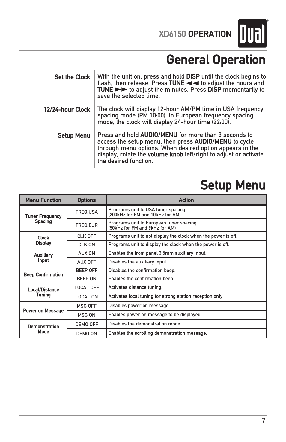 Setup menu, General operation, Xd6150 operation | Dual XD6150 User Manual | Page 7 / 16