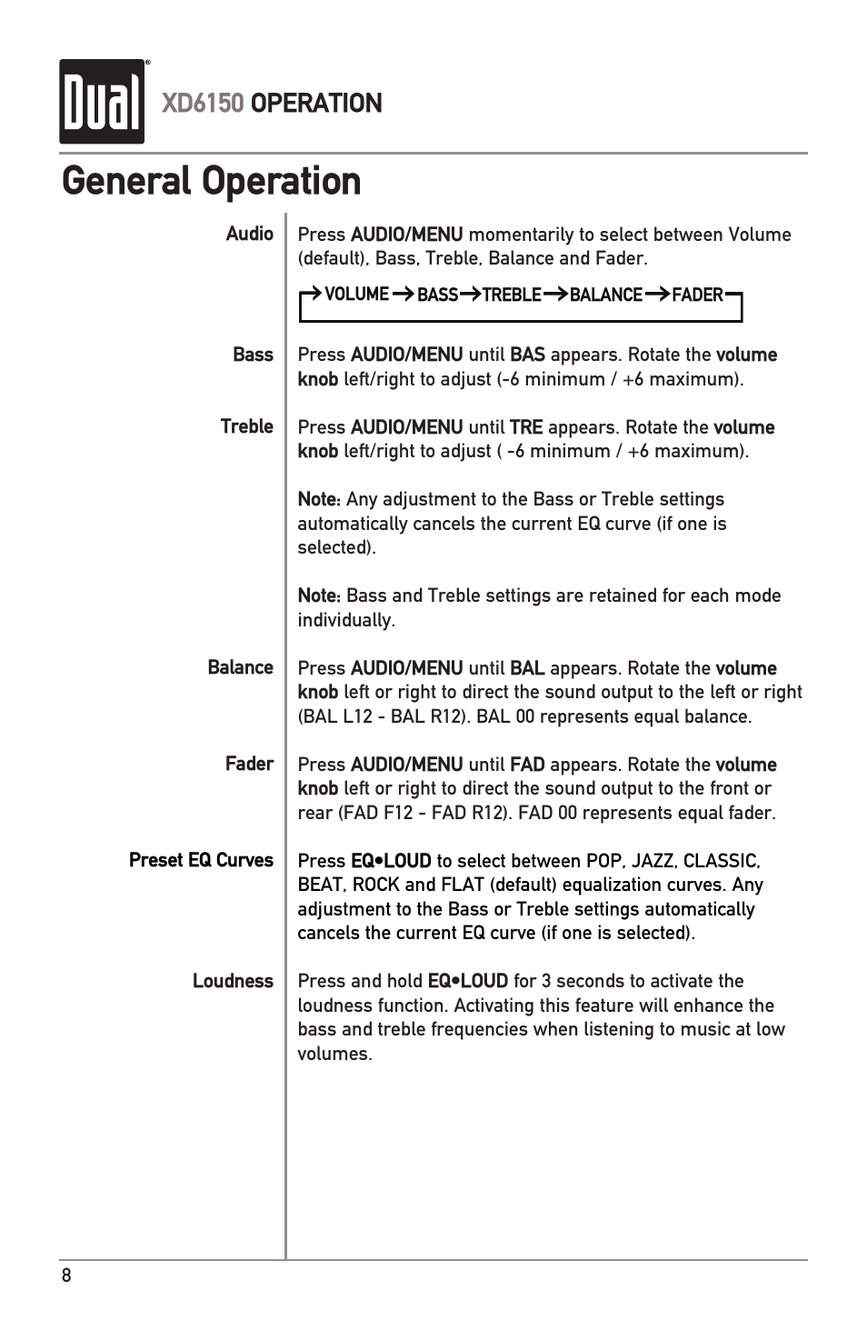 General operation, Xd6150 operation | Dual XD6150 User Manual | Page 8 / 16