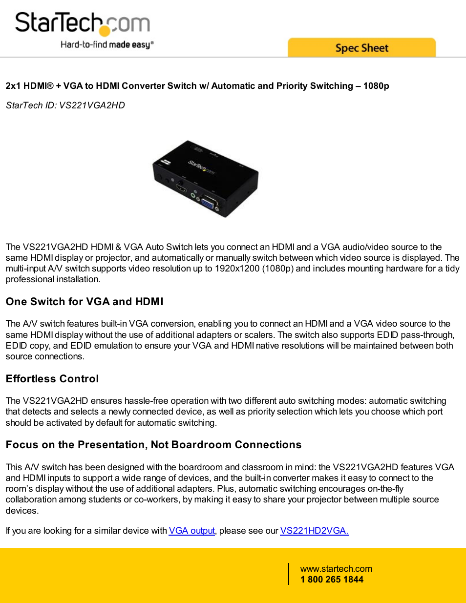 StarTech.com 2x1 HDMI+VGA to HDMI Converter Switch with Automatic & Priority Selection User Manual | 4 pages