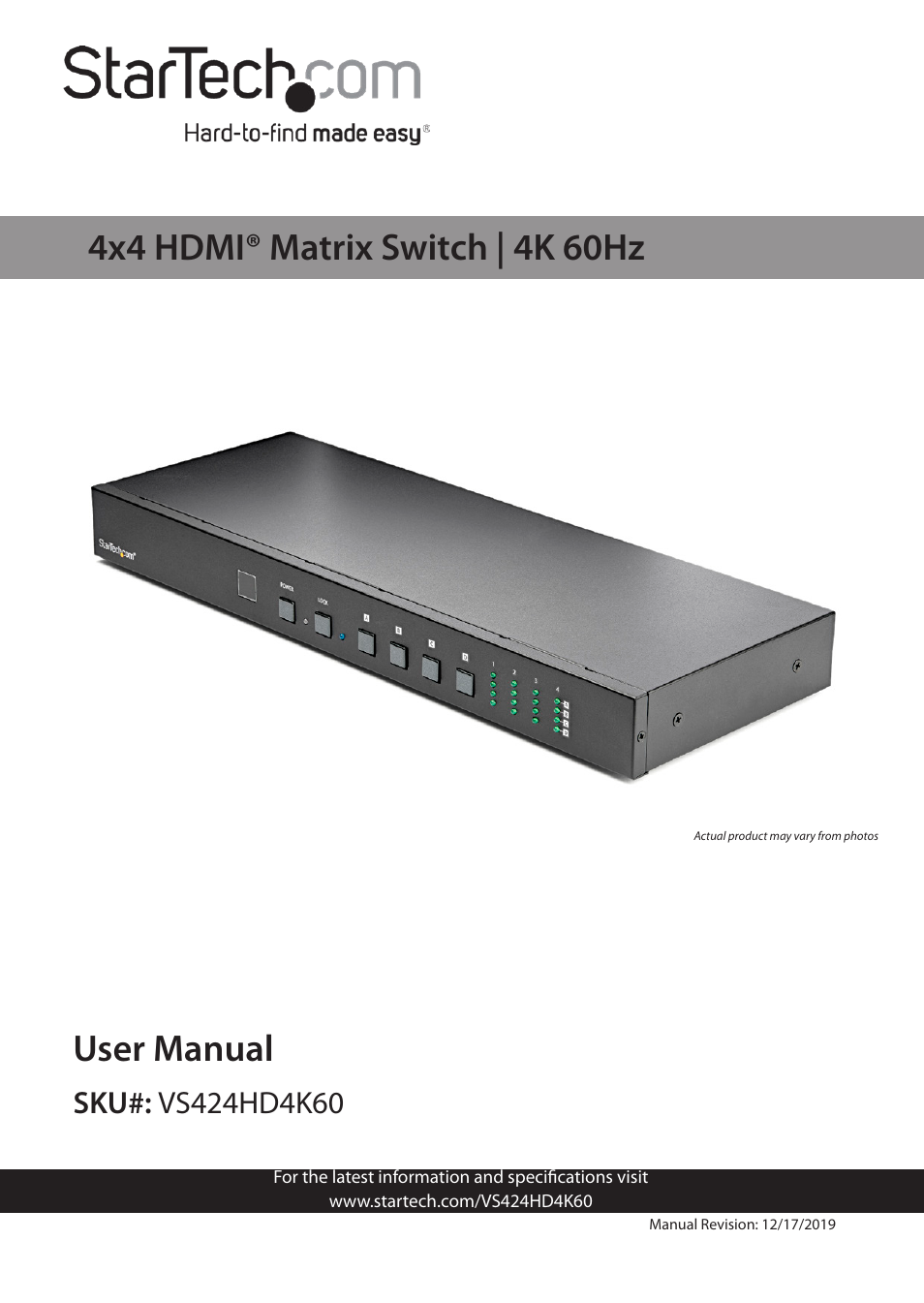 StarTech.com 4x4 HDMI Matrix Switcher with Audio and Ethernet Control (4K60) User Manual | 38 pages