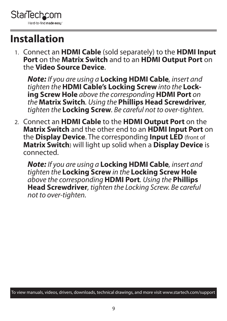 Installation | StarTech.com 4x4 HDMI Matrix Switcher with Audio and Ethernet Control (4K60) User Manual | Page 10 / 38