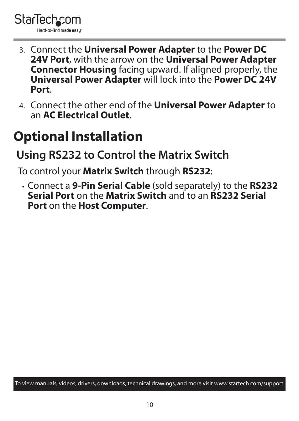 Optional installation, Using rs232 to control the matrix switch | StarTech.com 4x4 HDMI Matrix Switcher with Audio and Ethernet Control (4K60) User Manual | Page 11 / 38