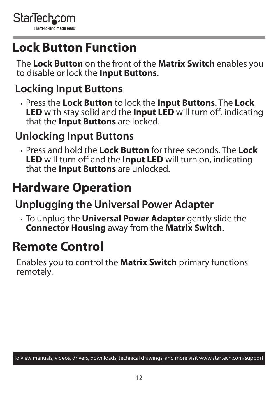 Lock button function, Hardware operation, Remote control | Locking input buttons, Unlocking input buttons, Unplugging the universal power adapter | StarTech.com 4x4 HDMI Matrix Switcher with Audio and Ethernet Control (4K60) User Manual | Page 13 / 38