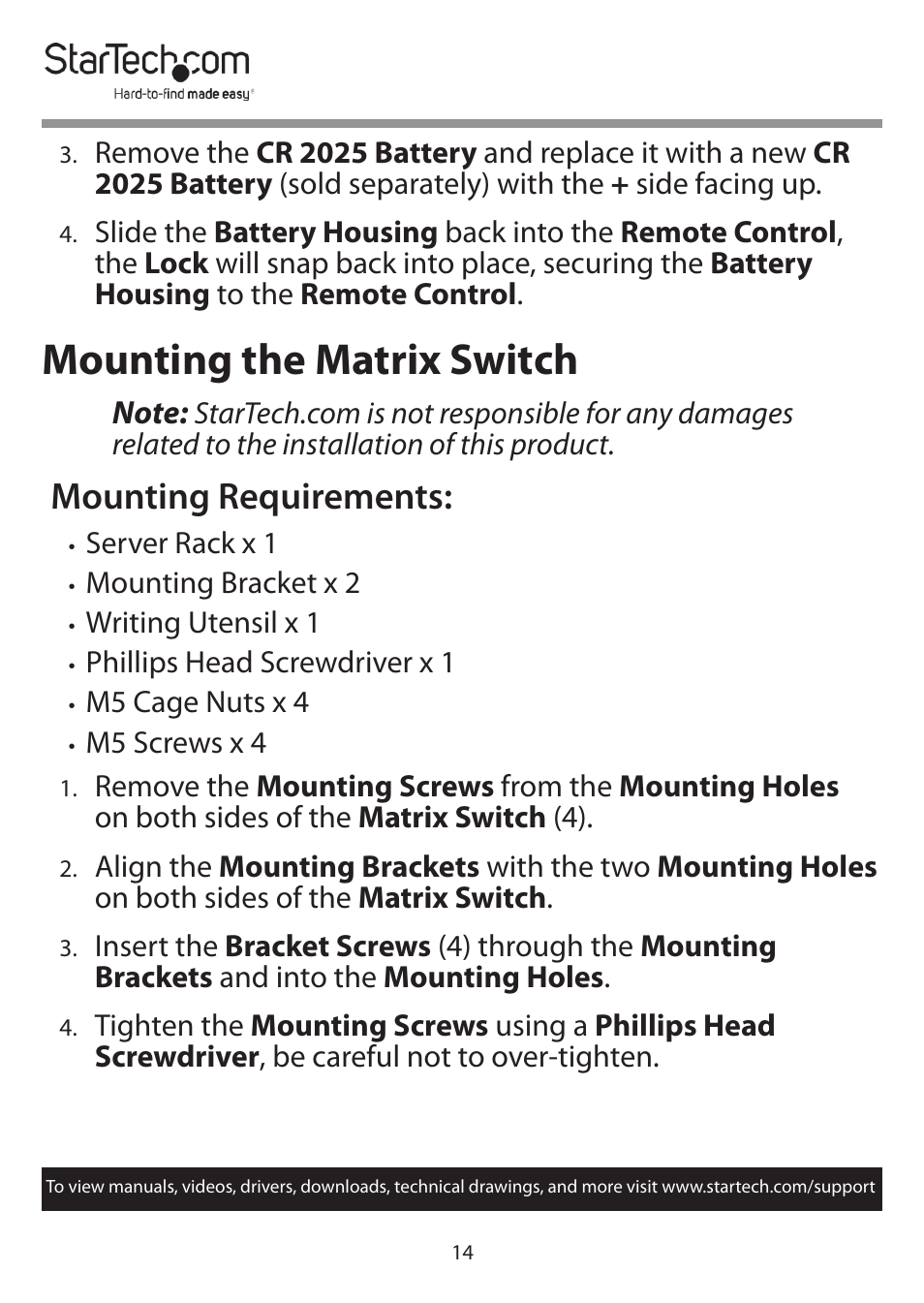 Mounting the matrix switch, Mounting requirements | StarTech.com 4x4 HDMI Matrix Switcher with Audio and Ethernet Control (4K60) User Manual | Page 15 / 38