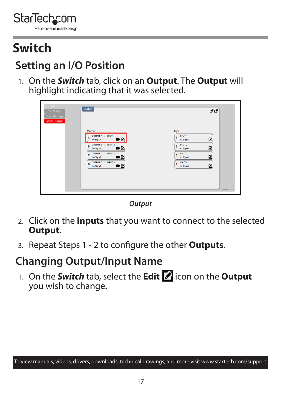 Switch, Setting an i/o position, Changing output/input name | StarTech.com 4x4 HDMI Matrix Switcher with Audio and Ethernet Control (4K60) User Manual | Page 18 / 38