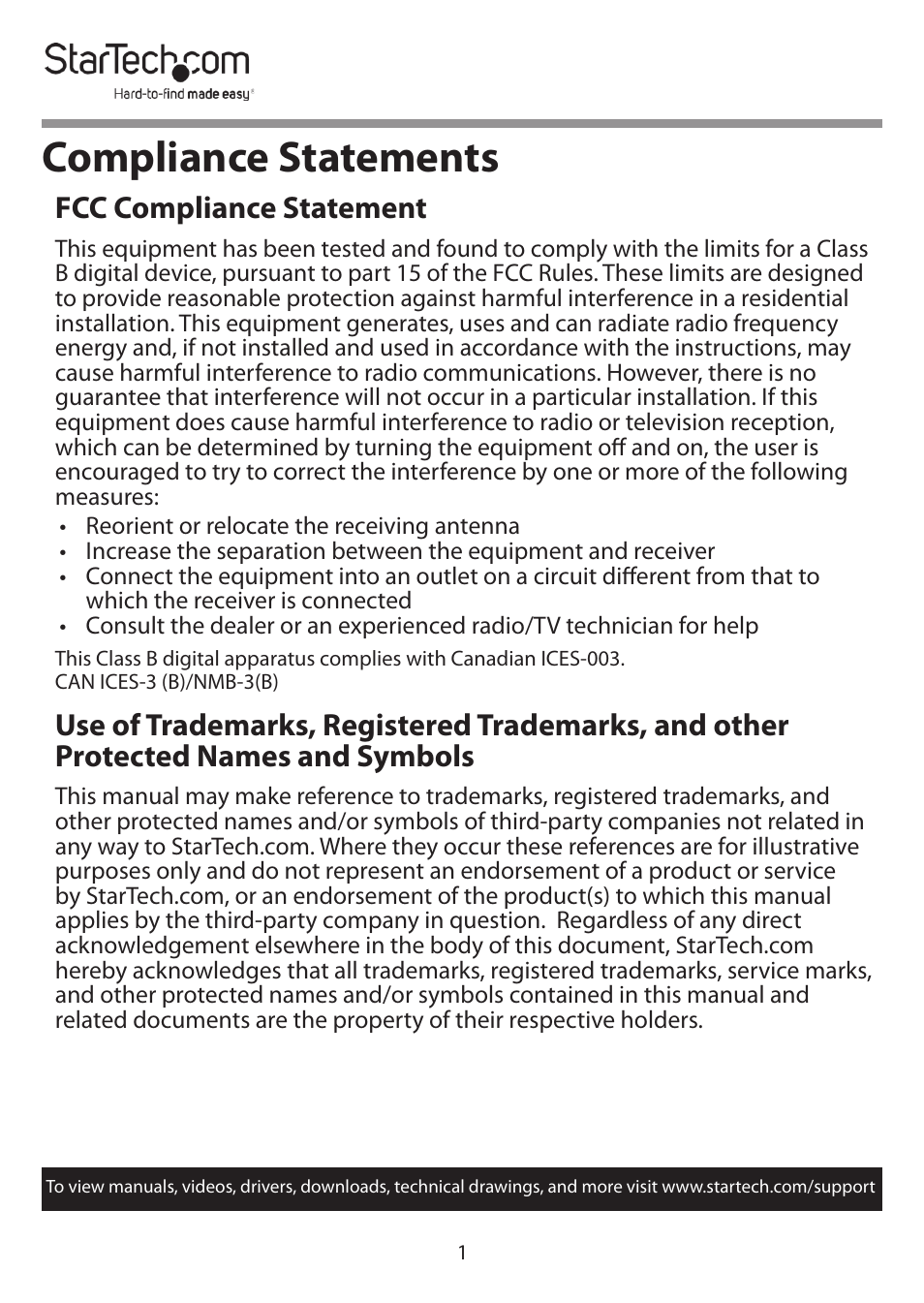 Compliance statements, Fcc compliance statement | StarTech.com 4x4 HDMI Matrix Switcher with Audio and Ethernet Control (4K60) User Manual | Page 2 / 38