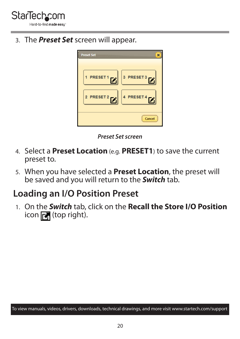 Loading an i/o position preset | StarTech.com 4x4 HDMI Matrix Switcher with Audio and Ethernet Control (4K60) User Manual | Page 21 / 38