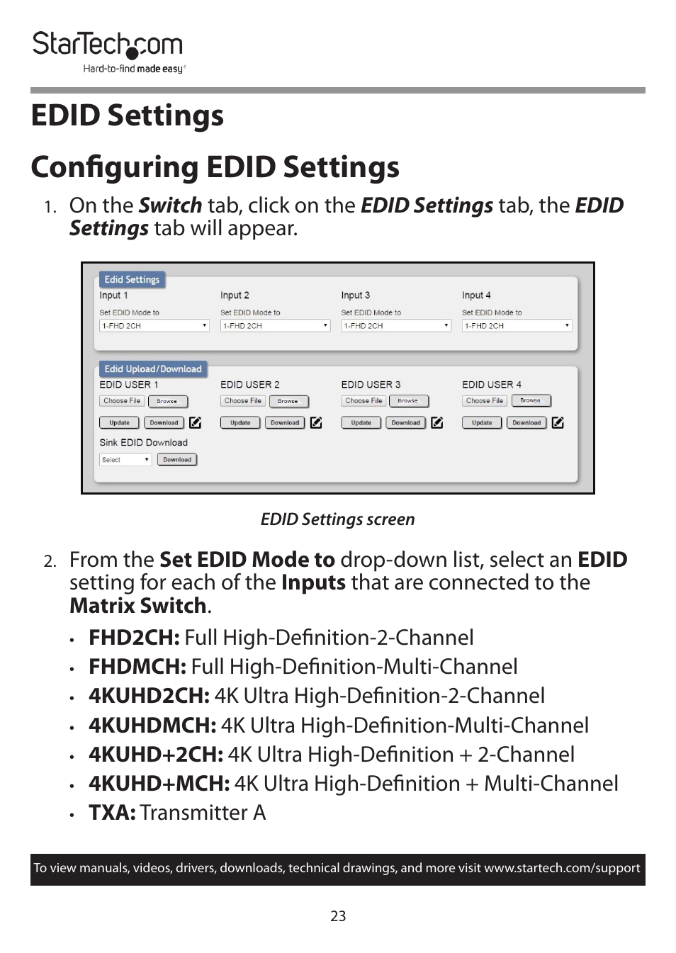 Edid settings configuring edid settings | StarTech.com 4x4 HDMI Matrix Switcher with Audio and Ethernet Control (4K60) User Manual | Page 24 / 38