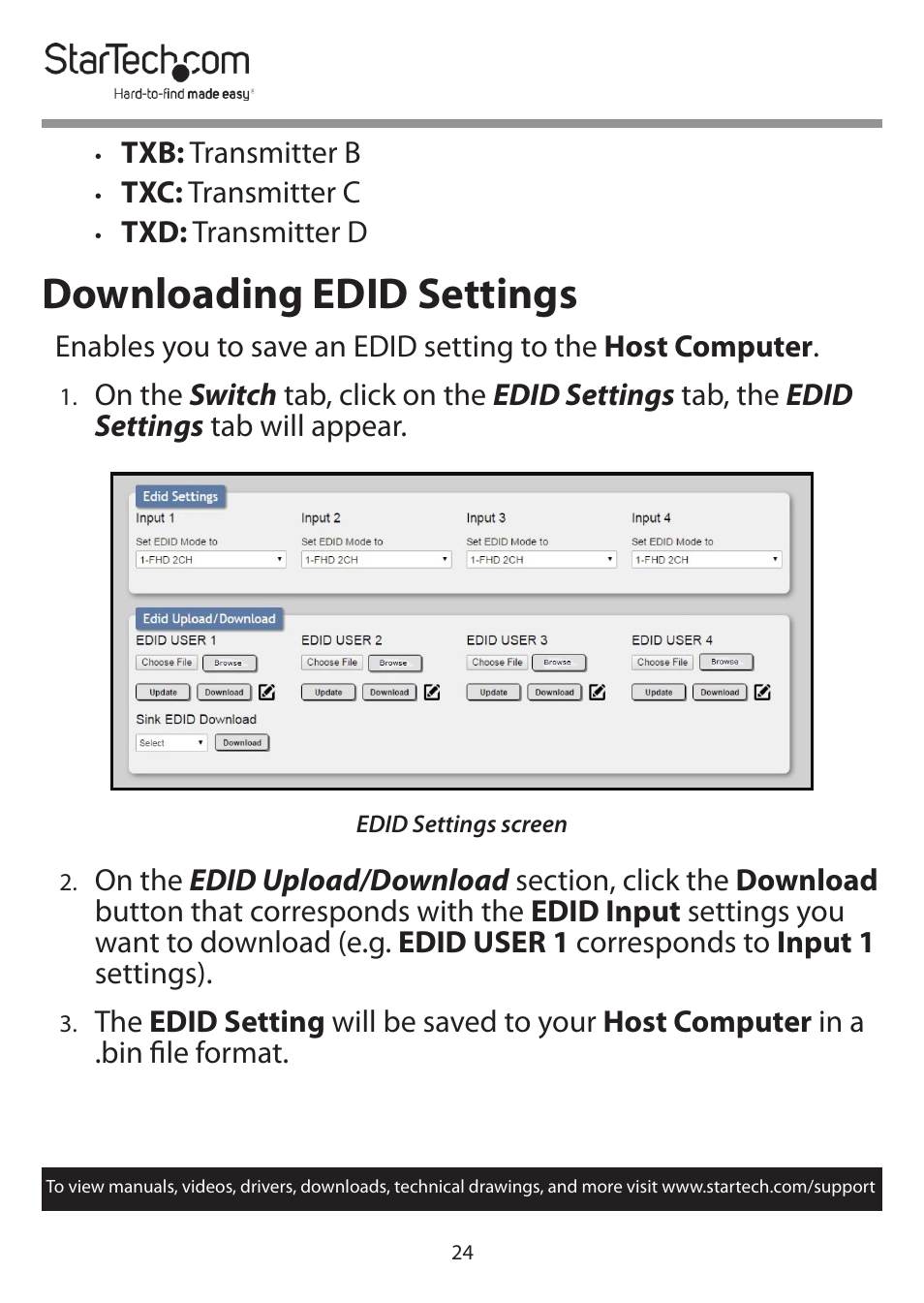 Downloading edid settings | StarTech.com 4x4 HDMI Matrix Switcher with Audio and Ethernet Control (4K60) User Manual | Page 25 / 38