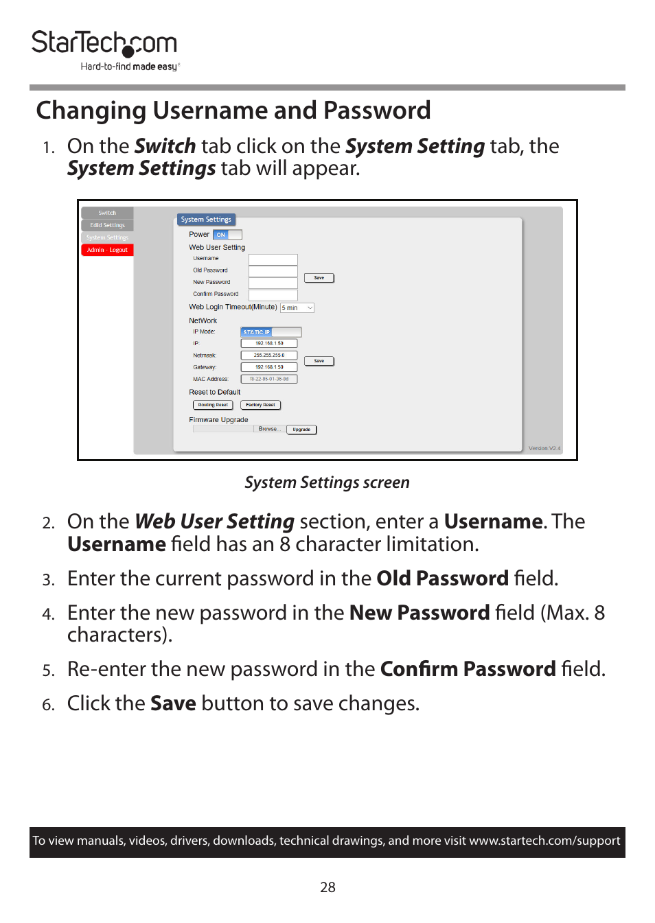 Changing username and password | StarTech.com 4x4 HDMI Matrix Switcher with Audio and Ethernet Control (4K60) User Manual | Page 29 / 38