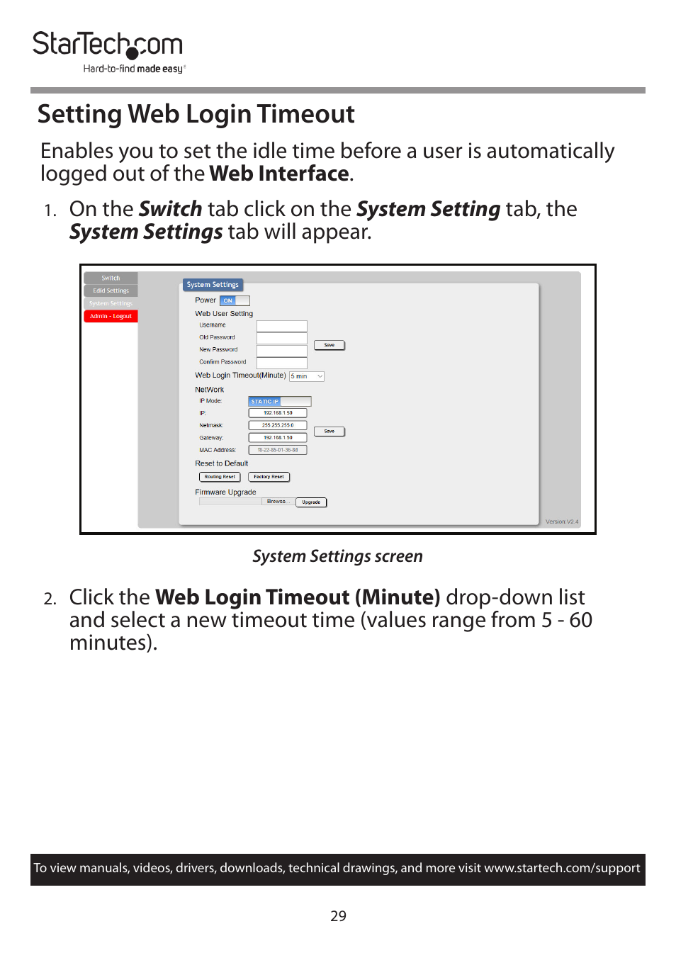 Setting web login timeout | StarTech.com 4x4 HDMI Matrix Switcher with Audio and Ethernet Control (4K60) User Manual | Page 30 / 38