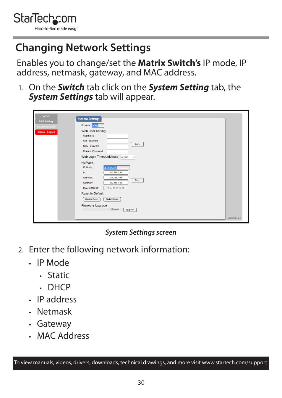 Changing network settings | StarTech.com 4x4 HDMI Matrix Switcher with Audio and Ethernet Control (4K60) User Manual | Page 31 / 38