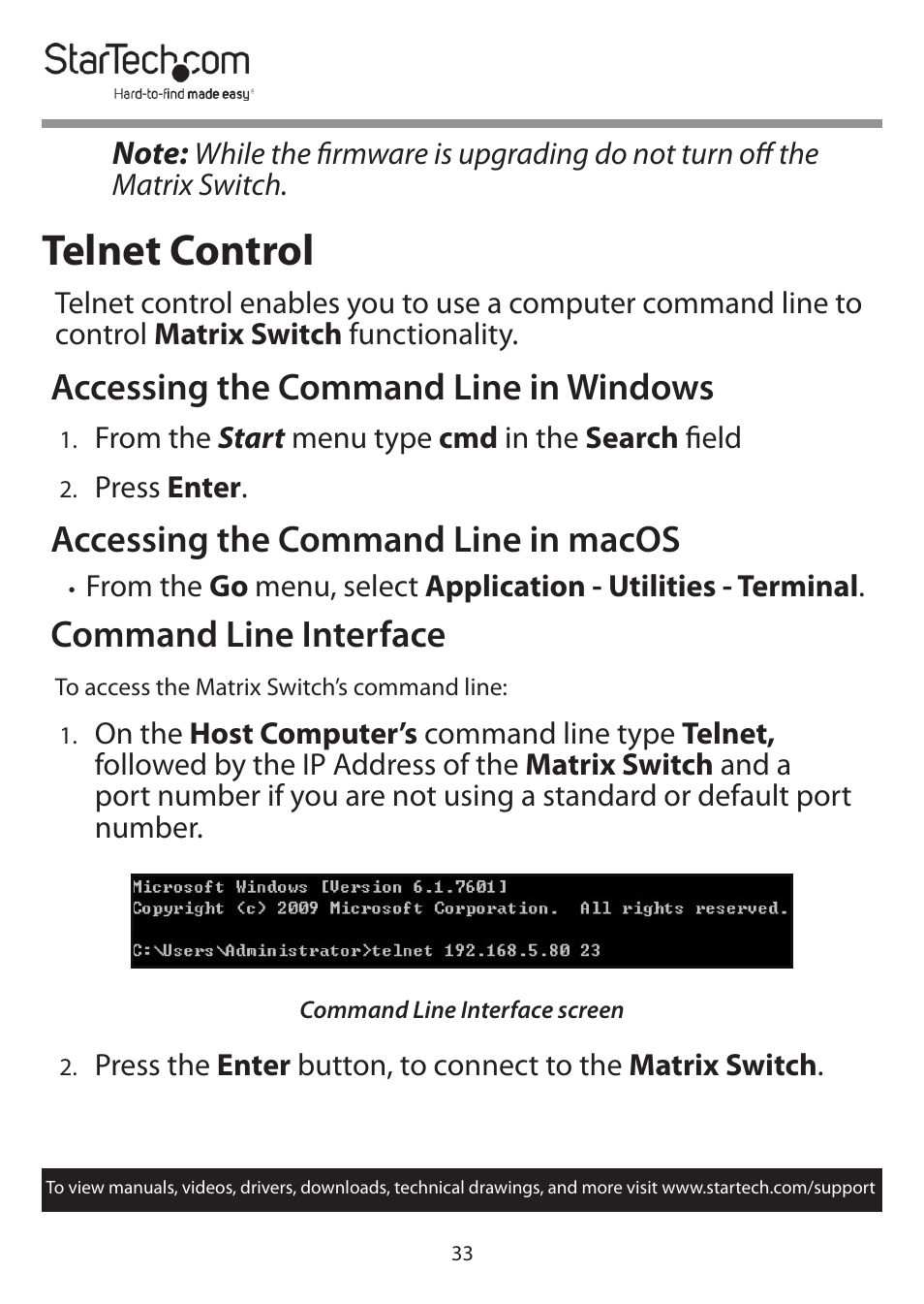 Telnet control, Accessing the command line in windows, Accessing the command line in macos | Command line interface | StarTech.com 4x4 HDMI Matrix Switcher with Audio and Ethernet Control (4K60) User Manual | Page 34 / 38