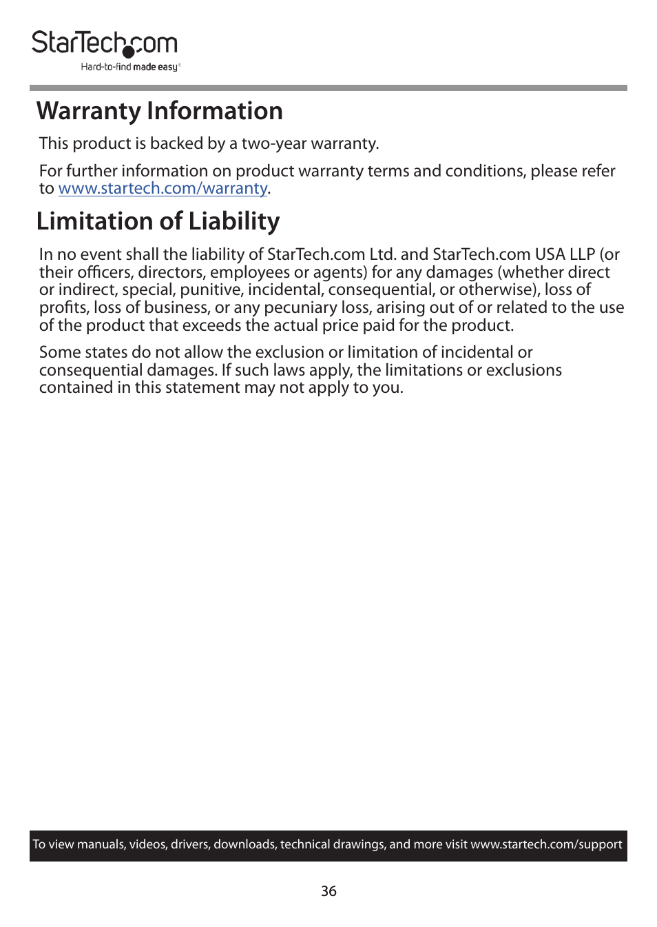 Warranty information, Limitation of liability | StarTech.com 4x4 HDMI Matrix Switcher with Audio and Ethernet Control (4K60) User Manual | Page 37 / 38