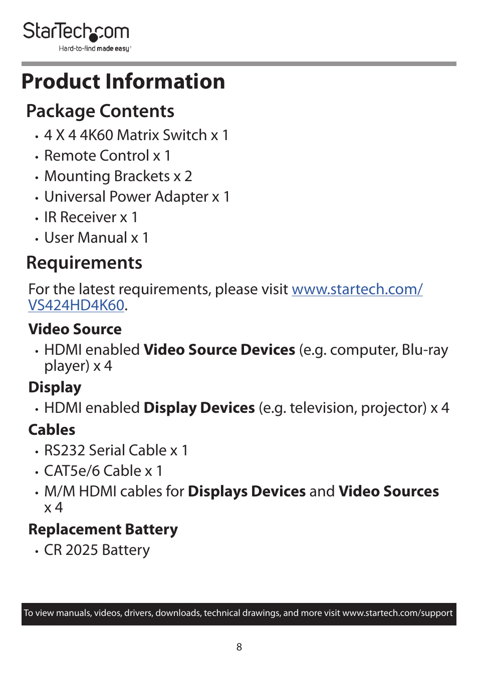 Product information, Package contents, Requirements | StarTech.com 4x4 HDMI Matrix Switcher with Audio and Ethernet Control (4K60) User Manual | Page 9 / 38