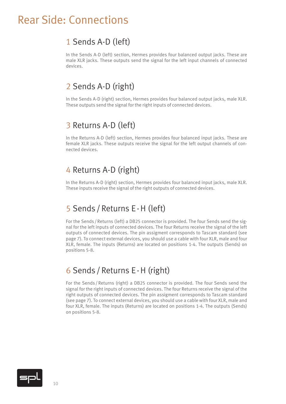 Rear side: connections, 1sends a-d (left), 2sends a-d (right) | 3returns a-d (left), 4returns a-d (right), 5sends / returns e - h (left), 6sends / returns e - h (right) | SPL Hermes Mastering Router with Dual Parallel Mixes (Red) User Manual | Page 12 / 24