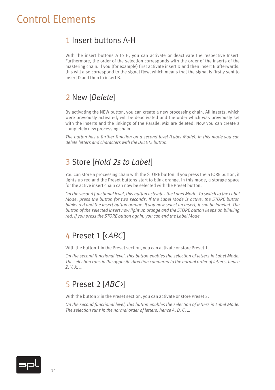 Control elements, 1insert buttons a-h, 2new [ delete | 3store [ hold 2s to label, 4preset 1 [ < abc, 5preset 2 [ abc | SPL Hermes Mastering Router with Dual Parallel Mixes (Red) User Manual | Page 16 / 24