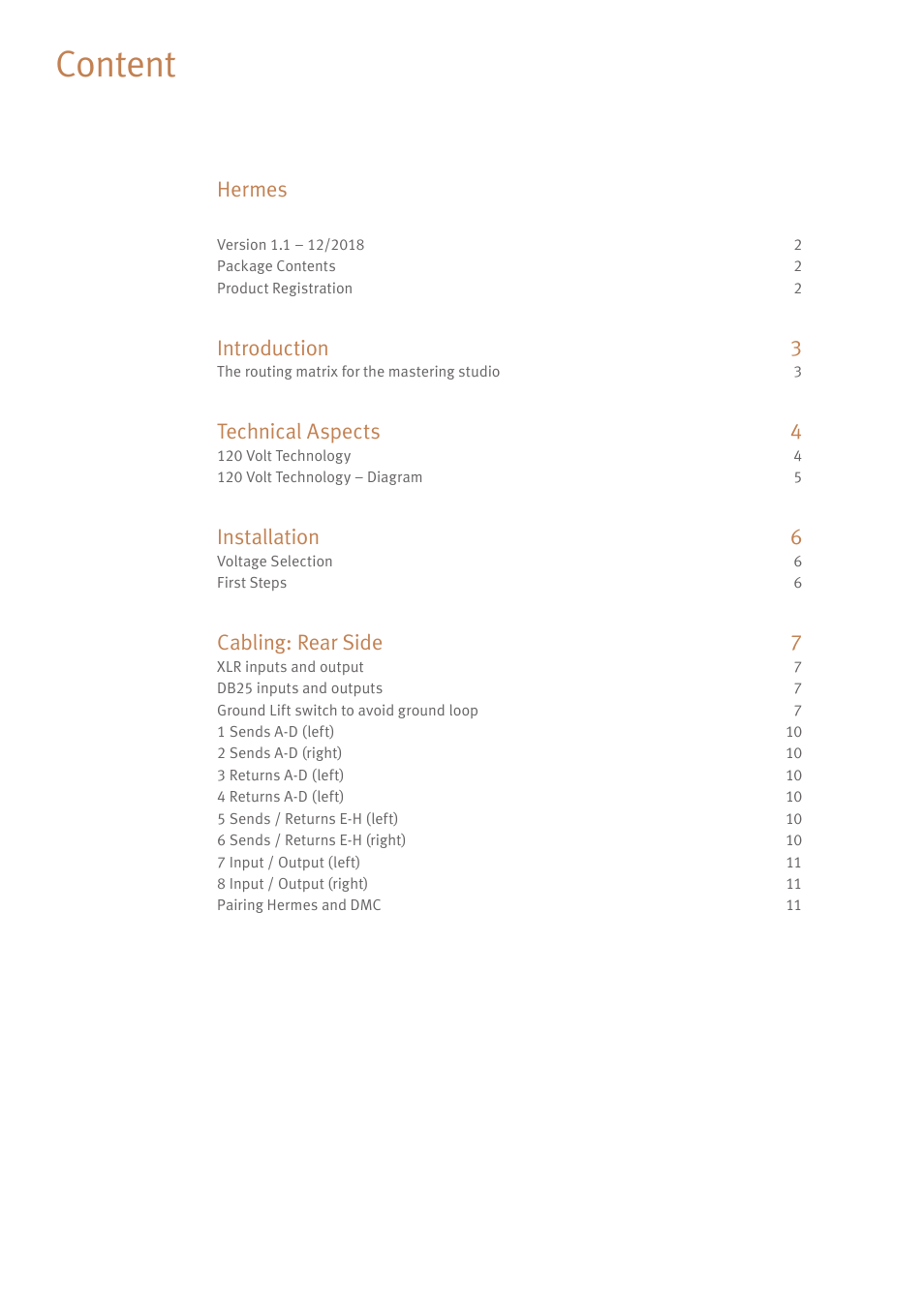 Content, Hermes, Introduction 3 | Technical aspects 4, Installation 6, Cabling: rear side 7 | SPL Hermes Mastering Router with Dual Parallel Mixes (Red) User Manual | Page 2 / 24