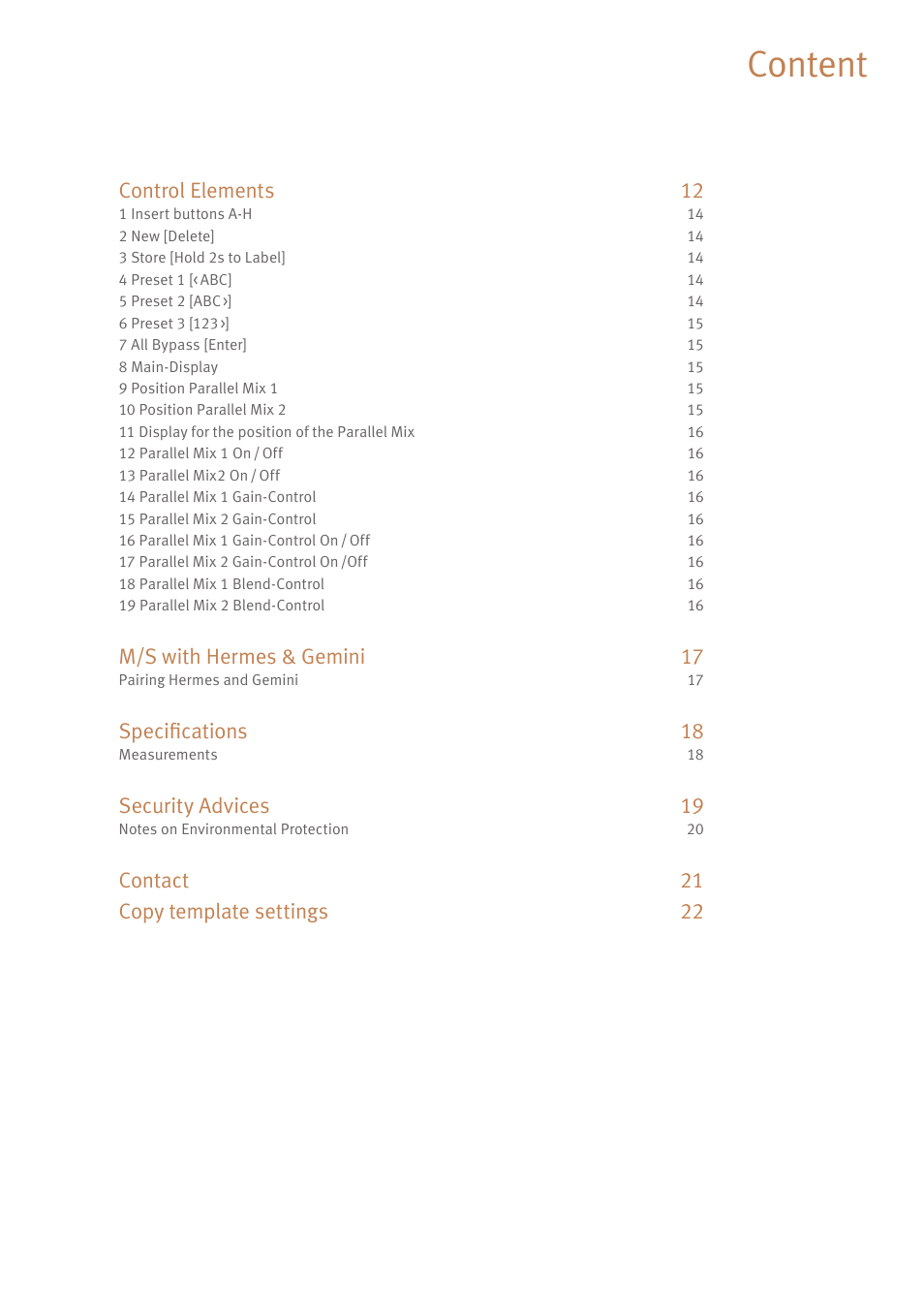 Content, Control elements 12, M/s with hermes & gemini 17 | Specifications 18, Security advices 19, Contact 21 copy template settings 22 | SPL Hermes Mastering Router with Dual Parallel Mixes (Red) User Manual | Page 3 / 24