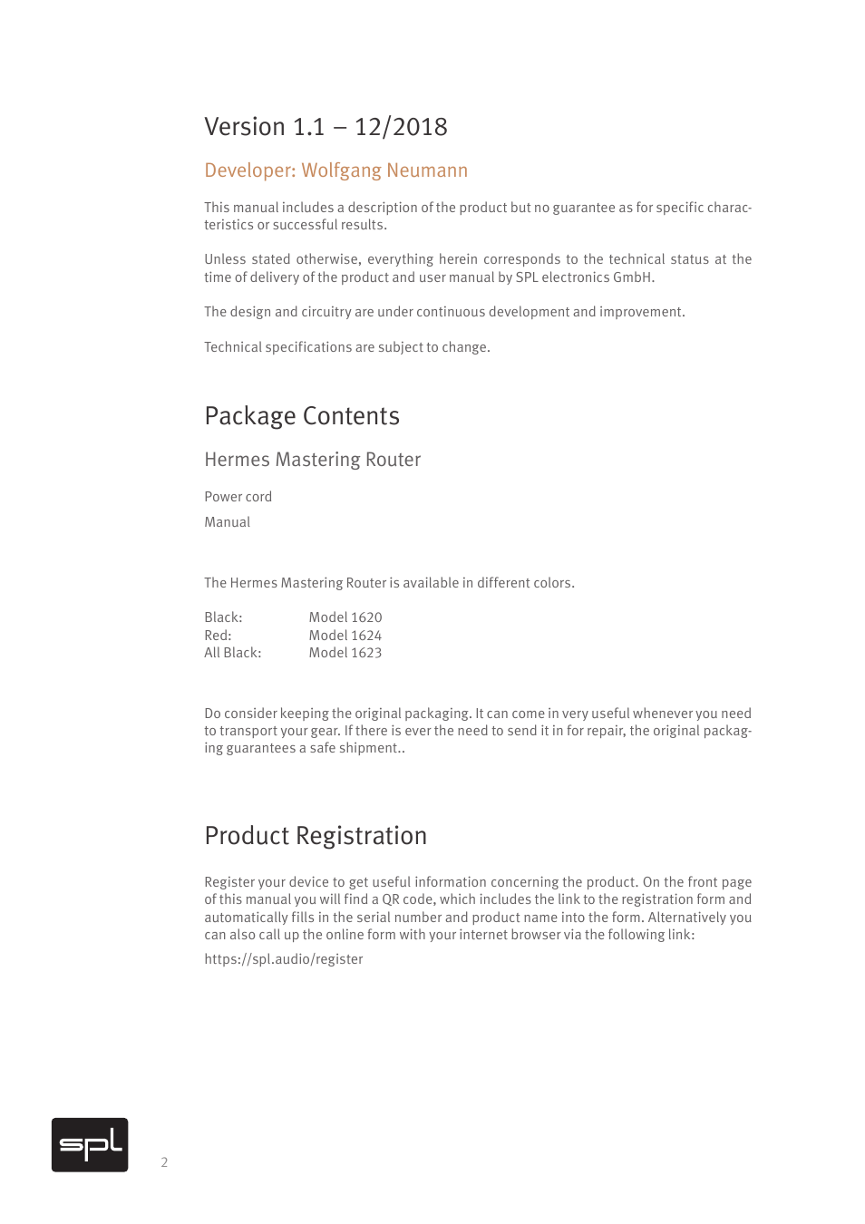 Package contents, Product registration, Developer: wolfgang neumann | Hermes mastering router | SPL Hermes Mastering Router with Dual Parallel Mixes (Red) User Manual | Page 4 / 24