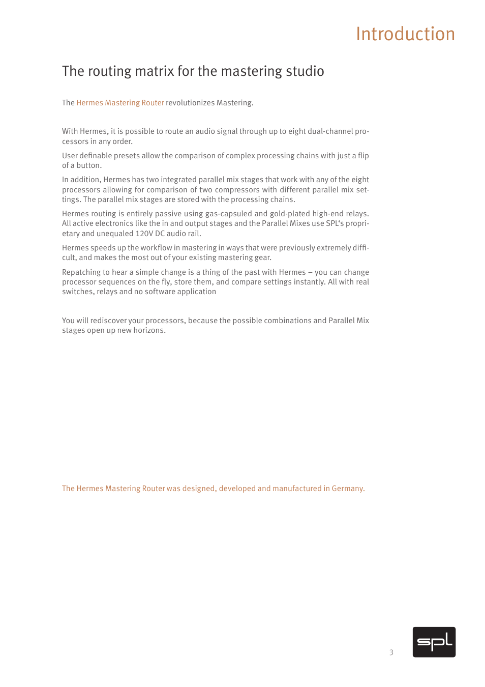 Introduction, The routing matrix for the mastering studio | SPL Hermes Mastering Router with Dual Parallel Mixes (Red) User Manual | Page 5 / 24