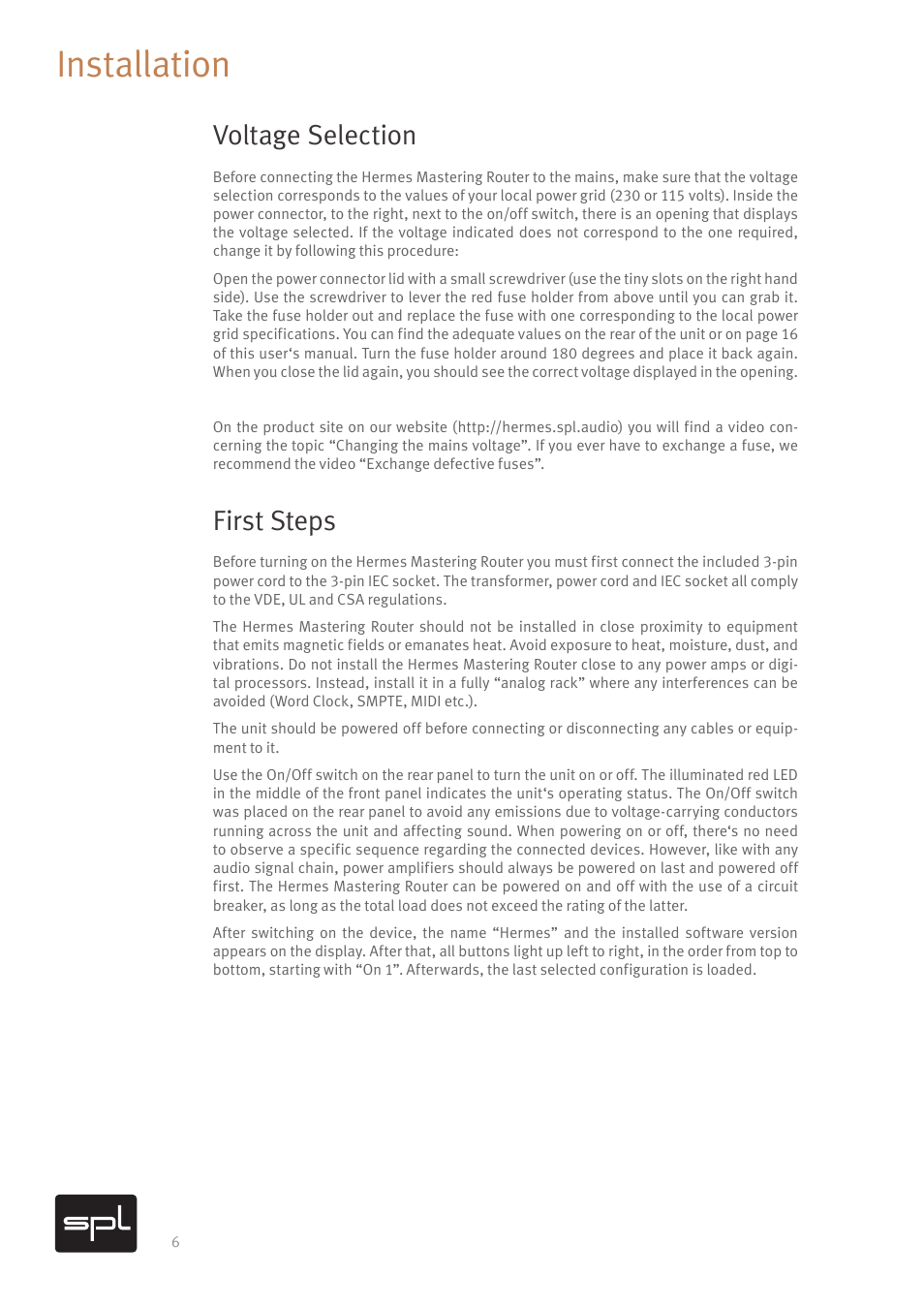 Installation, Voltage selection, First steps | SPL Hermes Mastering Router with Dual Parallel Mixes (Red) User Manual | Page 8 / 24