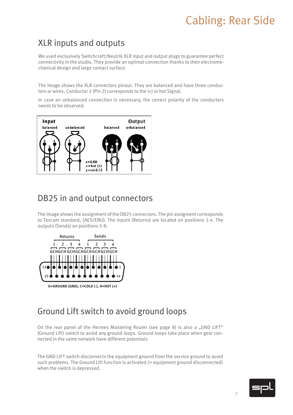 Cabling: rear side, Xlr inputs and outputs, Db25 in and output connectors | Ground lift switch to avoid ground loops | SPL Hermes Mastering Router with Dual Parallel Mixes (Red) User Manual | Page 9 / 24