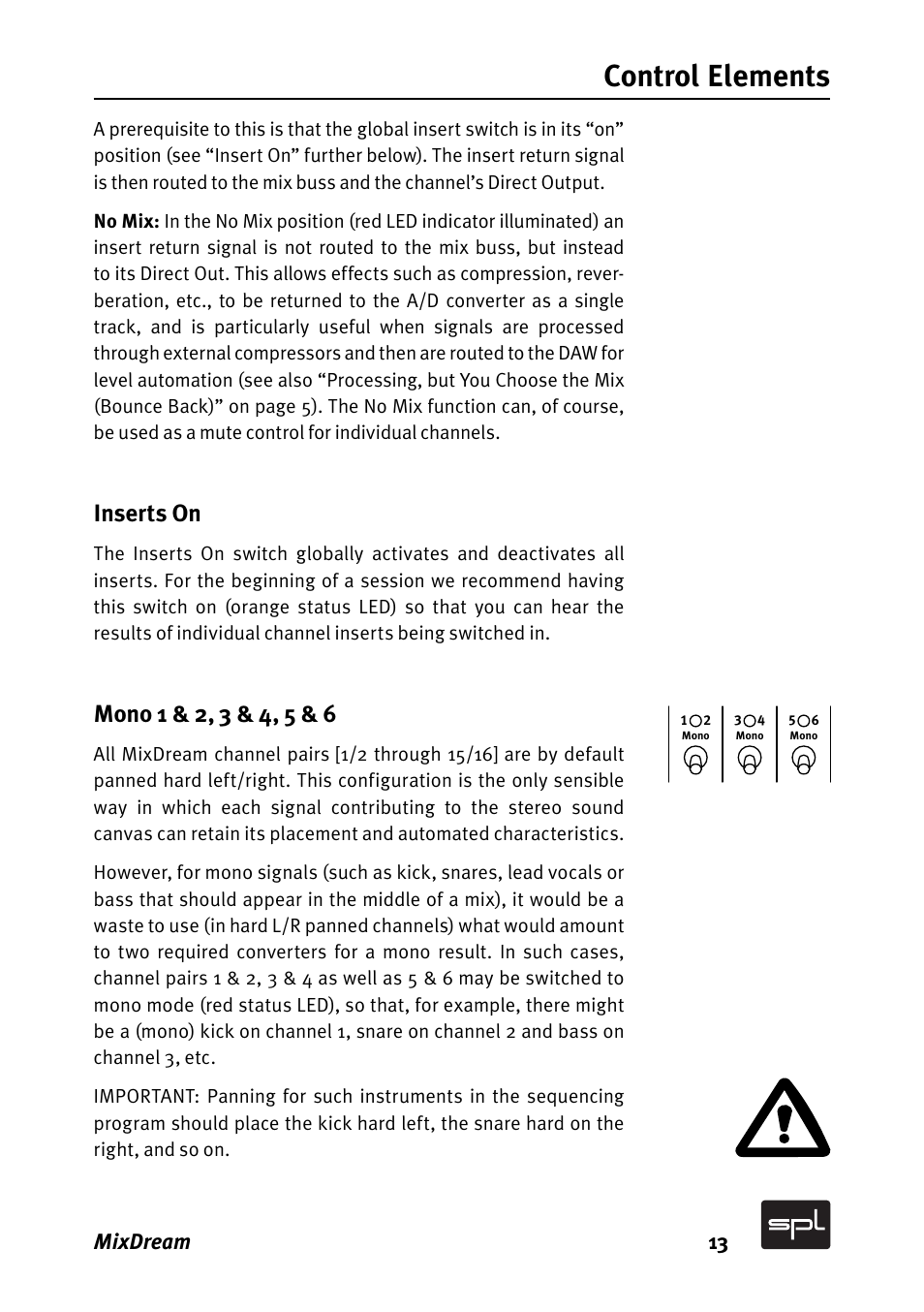 Control elements, Inserts on, Mixdream 13 | SPL MixDream Model 2384 16x2 Analog Summing Mixer User Manual | Page 13 / 30