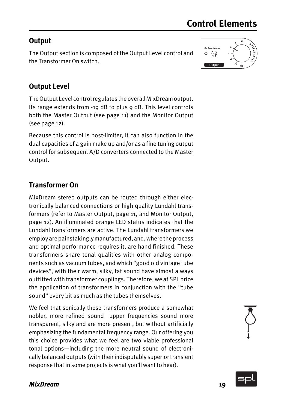 Control elements, Output, Output level | Transformer on, Mixdream 19 | SPL MixDream Model 2384 16x2 Analog Summing Mixer User Manual | Page 19 / 30