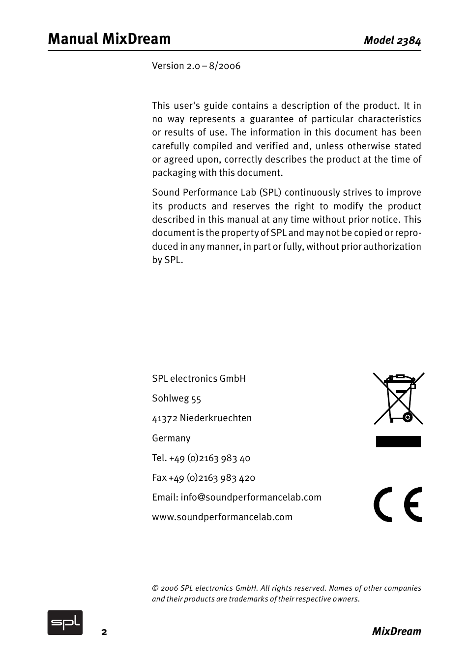 Manual mixdream | SPL MixDream Model 2384 16x2 Analog Summing Mixer User Manual | Page 2 / 30