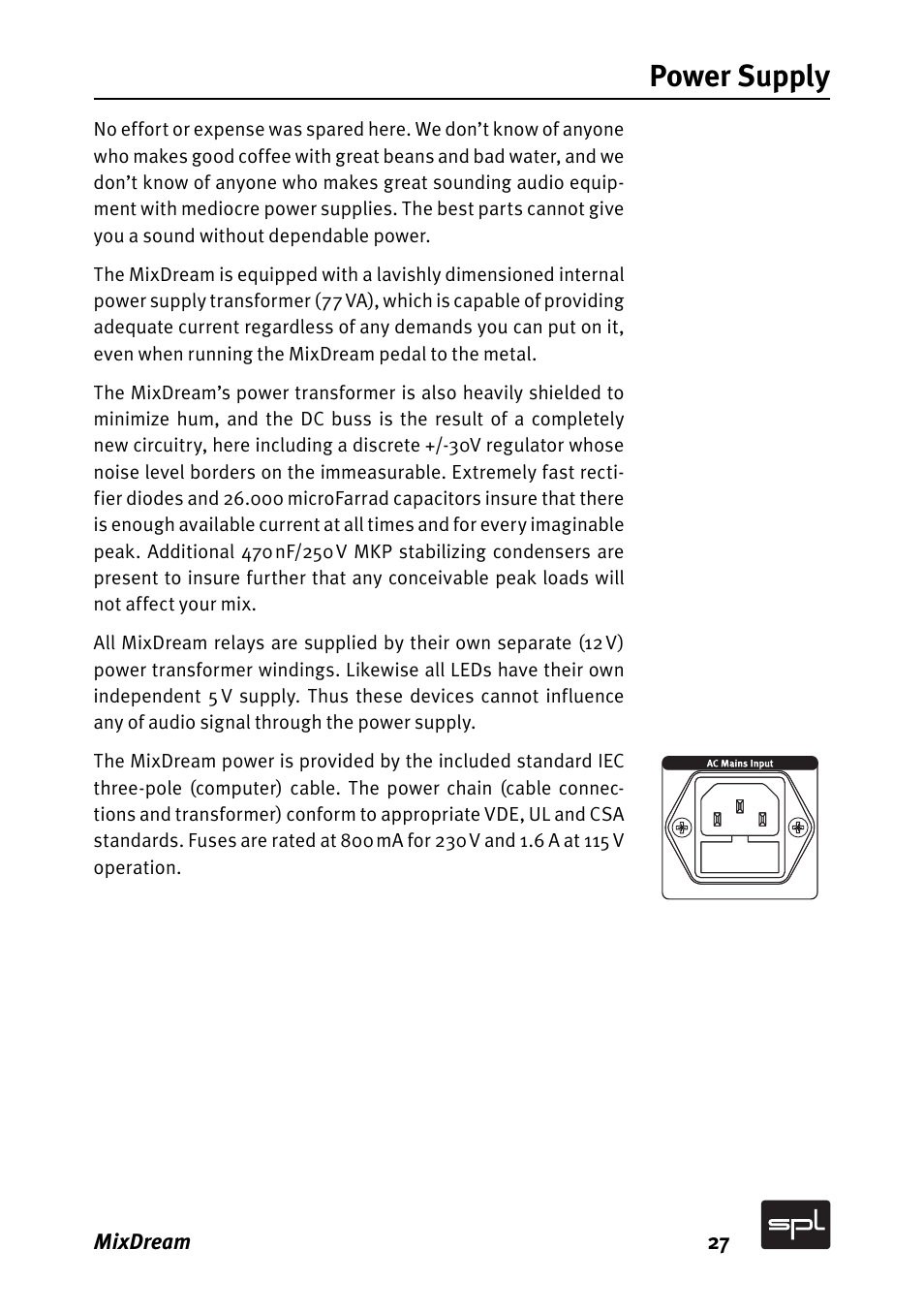 Power supply | SPL MixDream Model 2384 16x2 Analog Summing Mixer User Manual | Page 27 / 30