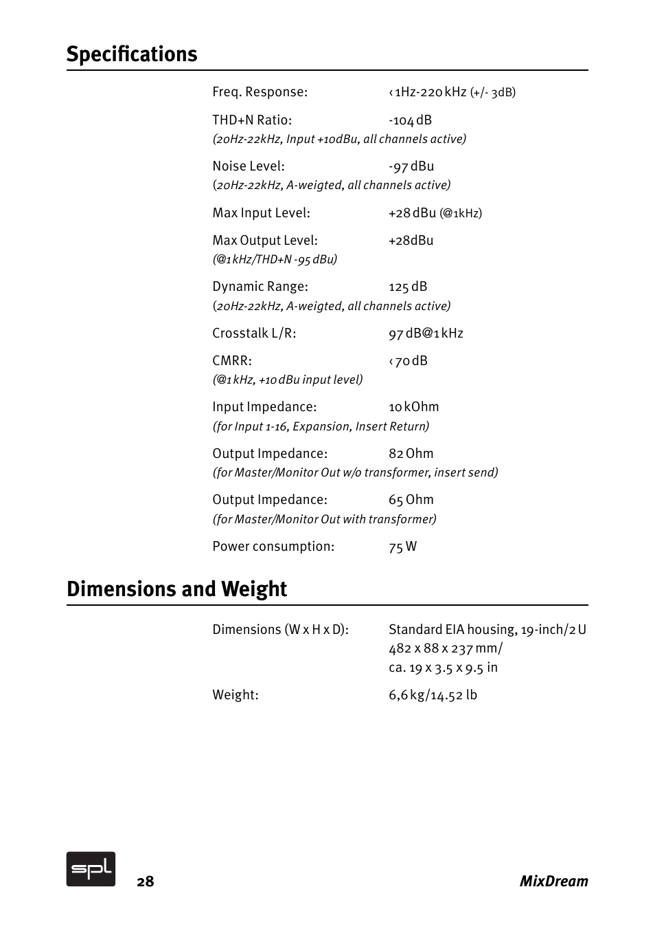 Speciﬁ cations dimensions and weight | SPL MixDream Model 2384 16x2 Analog Summing Mixer User Manual | Page 28 / 30