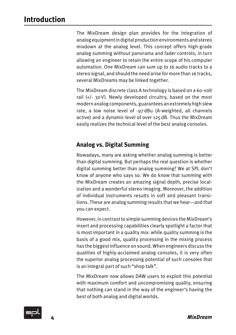 Introduction | SPL MixDream Model 2384 16x2 Analog Summing Mixer User Manual | Page 4 / 30