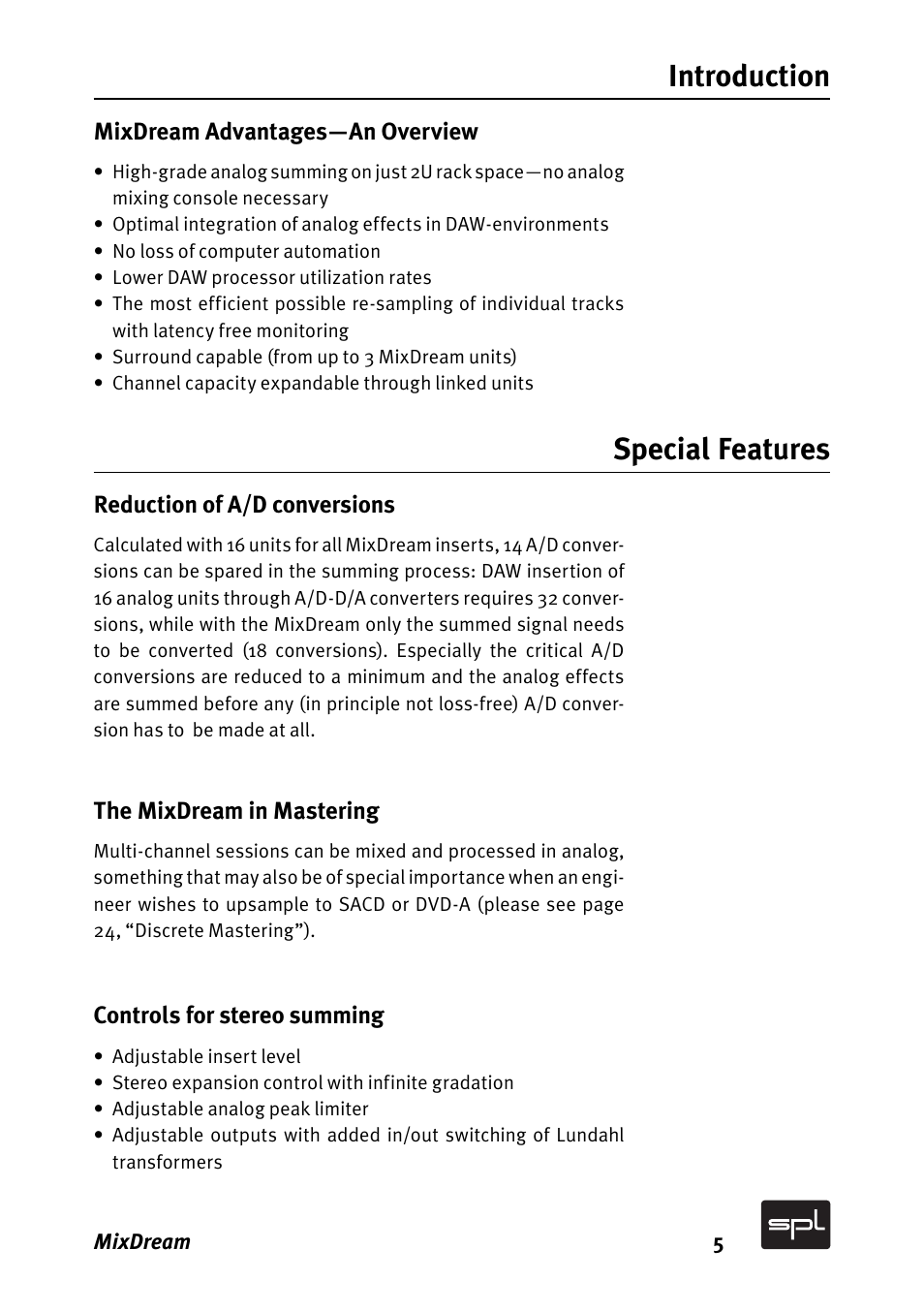 Introduction, Special features | SPL MixDream Model 2384 16x2 Analog Summing Mixer User Manual | Page 5 / 30