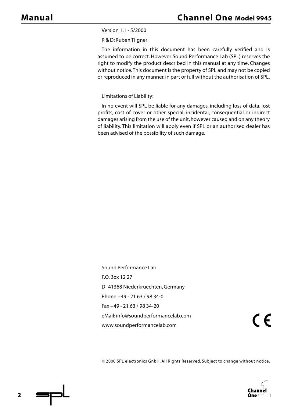 Manual channel one, Model 9945 | SPL Channel One Channel Strip User Manual | Page 2 / 28