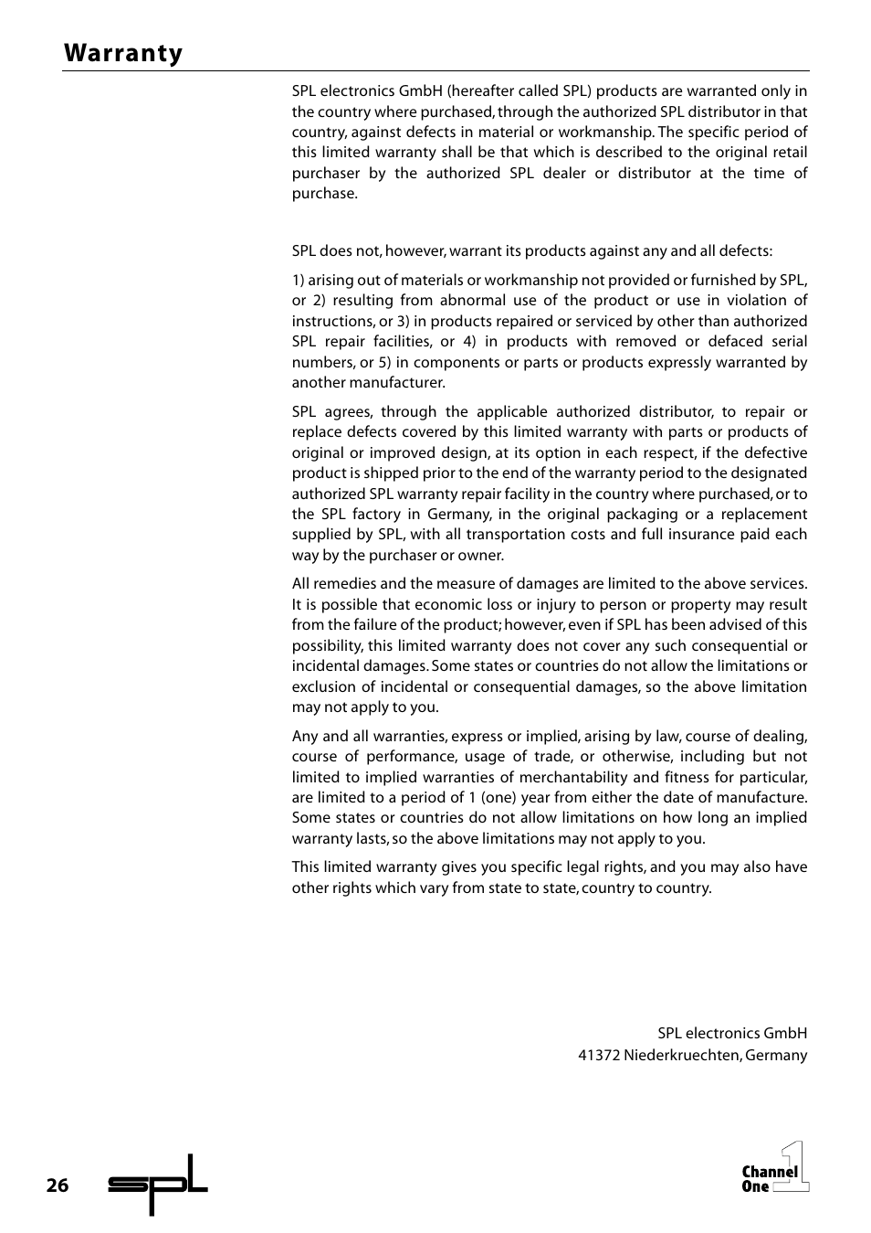 Warranty | SPL Channel One Channel Strip User Manual | Page 26 / 28