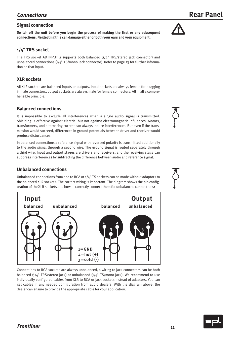 Rear panel, Input output, Frontliner | Connections | SPL Frontliner Modular Recording Channel User Manual | Page 11 / 34