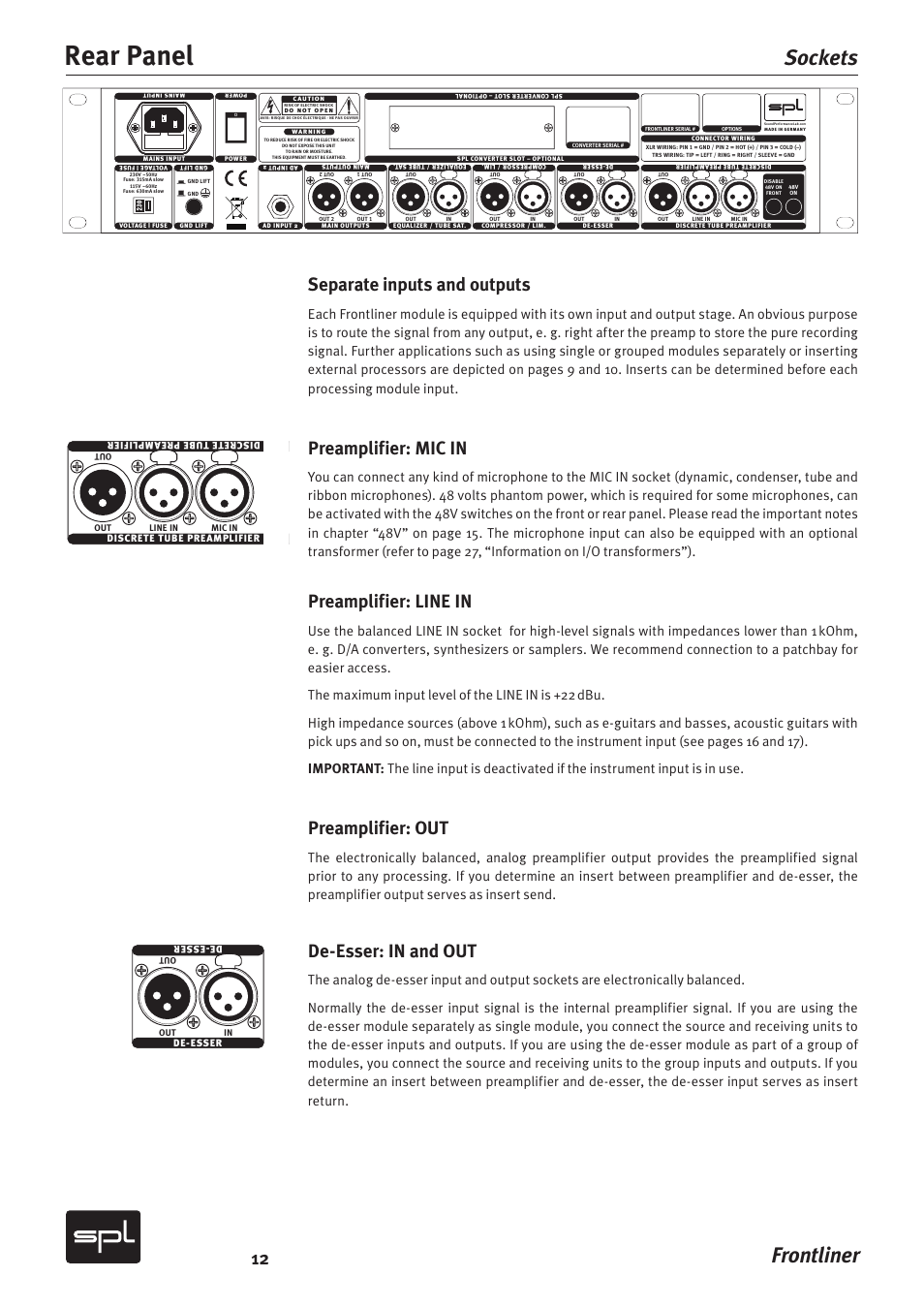 Rear panel, Frontliner sockets, Separate inputs and outputs | Preamplifier: mic in, Preamplifier: line in, Preamplifier: out, De-esser: in and out | SPL Frontliner Modular Recording Channel User Manual | Page 12 / 34