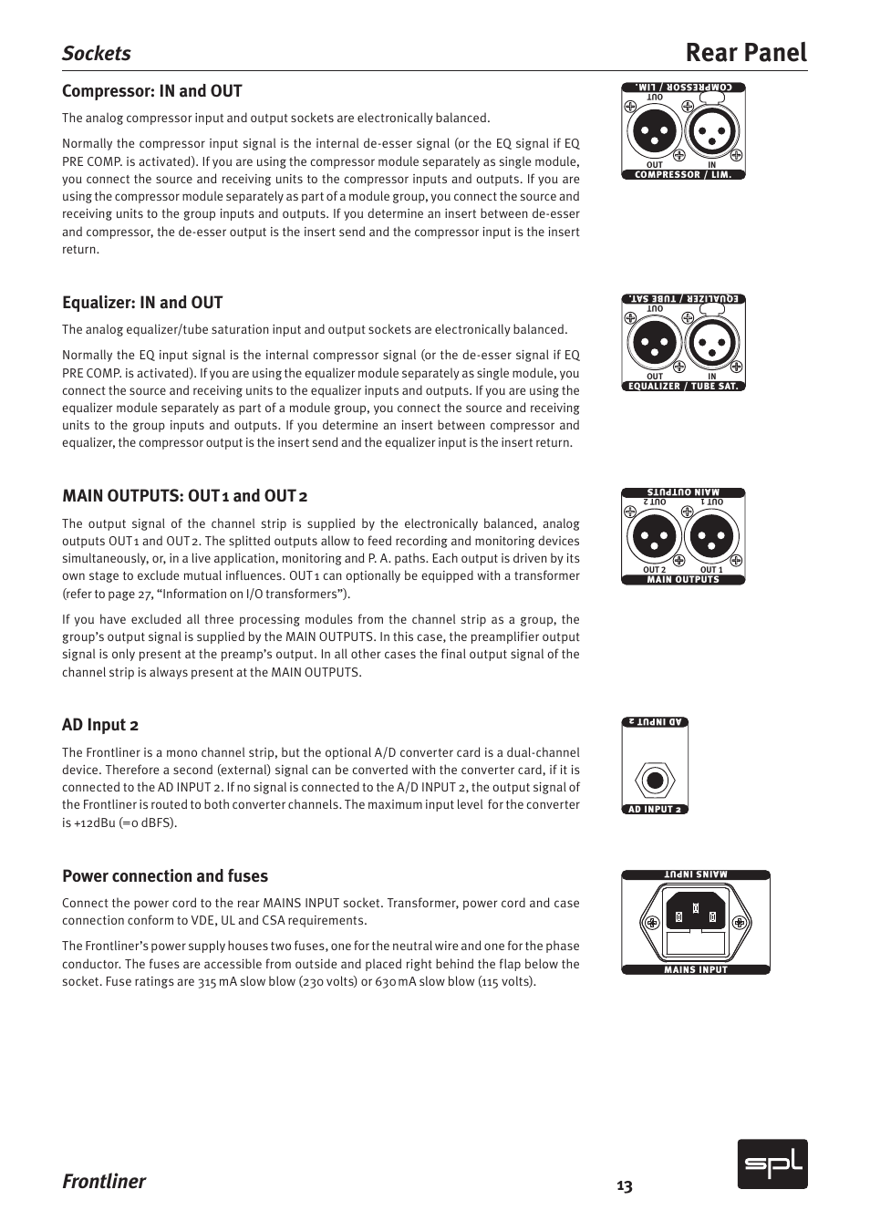 Rear panel, Frontliner, Sockets | Compressor: in and out, Equalizer: in and out, Main outputs: out 1 and out 2, Ad input 2, Power connection and fuses | SPL Frontliner Modular Recording Channel User Manual | Page 13 / 34