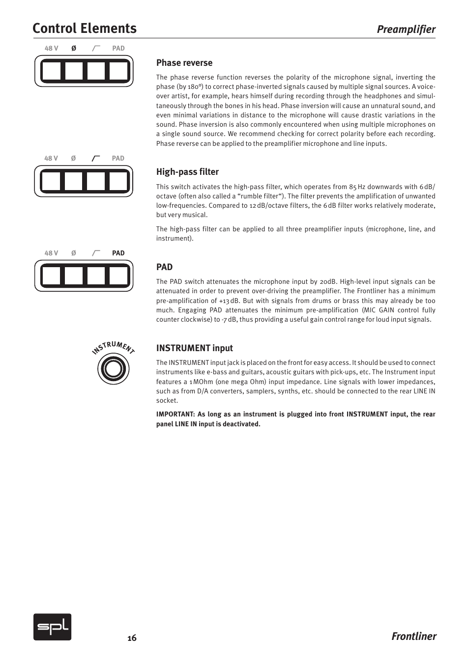 Control elements, Frontliner preamplifier | SPL Frontliner Modular Recording Channel User Manual | Page 16 / 34