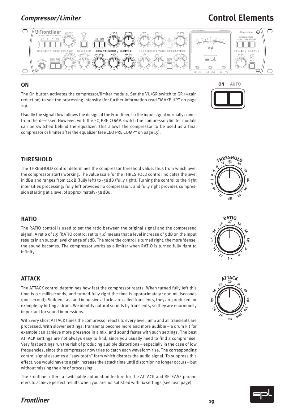 Control elements, Frontliner, Compressor/limiter | Threshold, Ratio, Attack, Thr eshold, On auto | SPL Frontliner Modular Recording Channel User Manual | Page 19 / 34