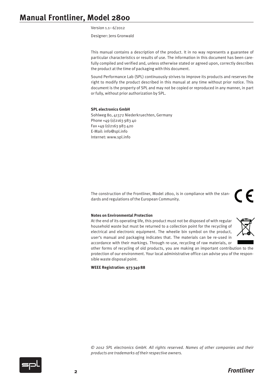 Manual frontliner, model 2800, Frontliner | SPL Frontliner Modular Recording Channel User Manual | Page 2 / 34