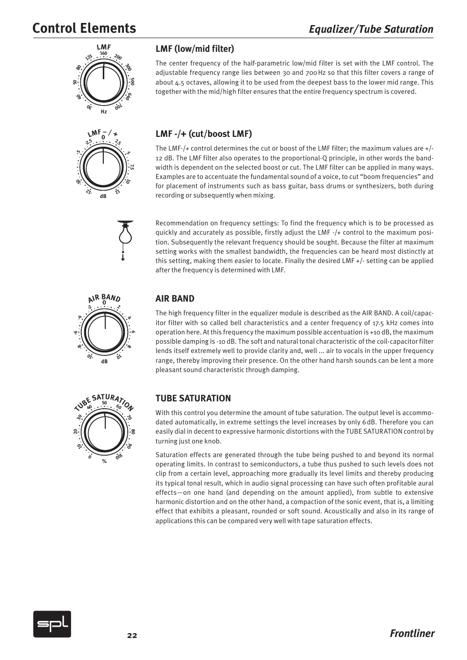 Control elements, Frontliner equalizer/tube saturation, Lmf (low/mid filter) | Lmf -/+ (cut/boost lmf), Air band, Tube saturation, Tu be saturatio n | SPL Frontliner Modular Recording Channel User Manual | Page 22 / 34