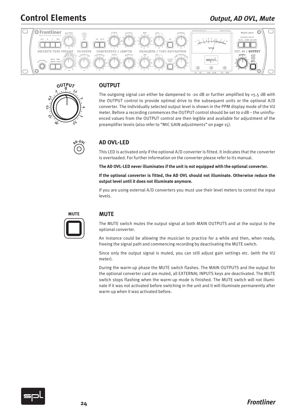 Control elements, Frontliner, Output, ad ovl, mute | Output, Ad ovl-led, Mute, Ad -ovl | SPL Frontliner Modular Recording Channel User Manual | Page 24 / 34