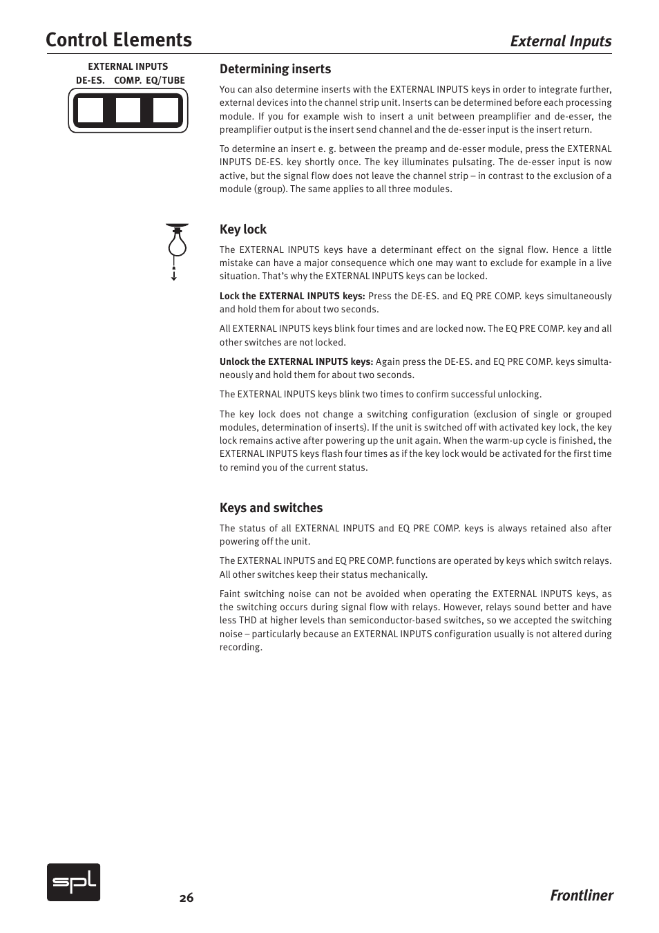 Control elements, Frontliner external inputs | SPL Frontliner Modular Recording Channel User Manual | Page 26 / 34