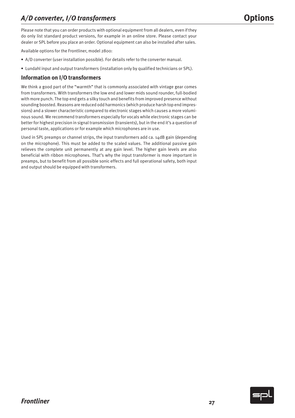 Options, Frontliner, A/d converter, i/o transformers | SPL Frontliner Modular Recording Channel User Manual | Page 27 / 34