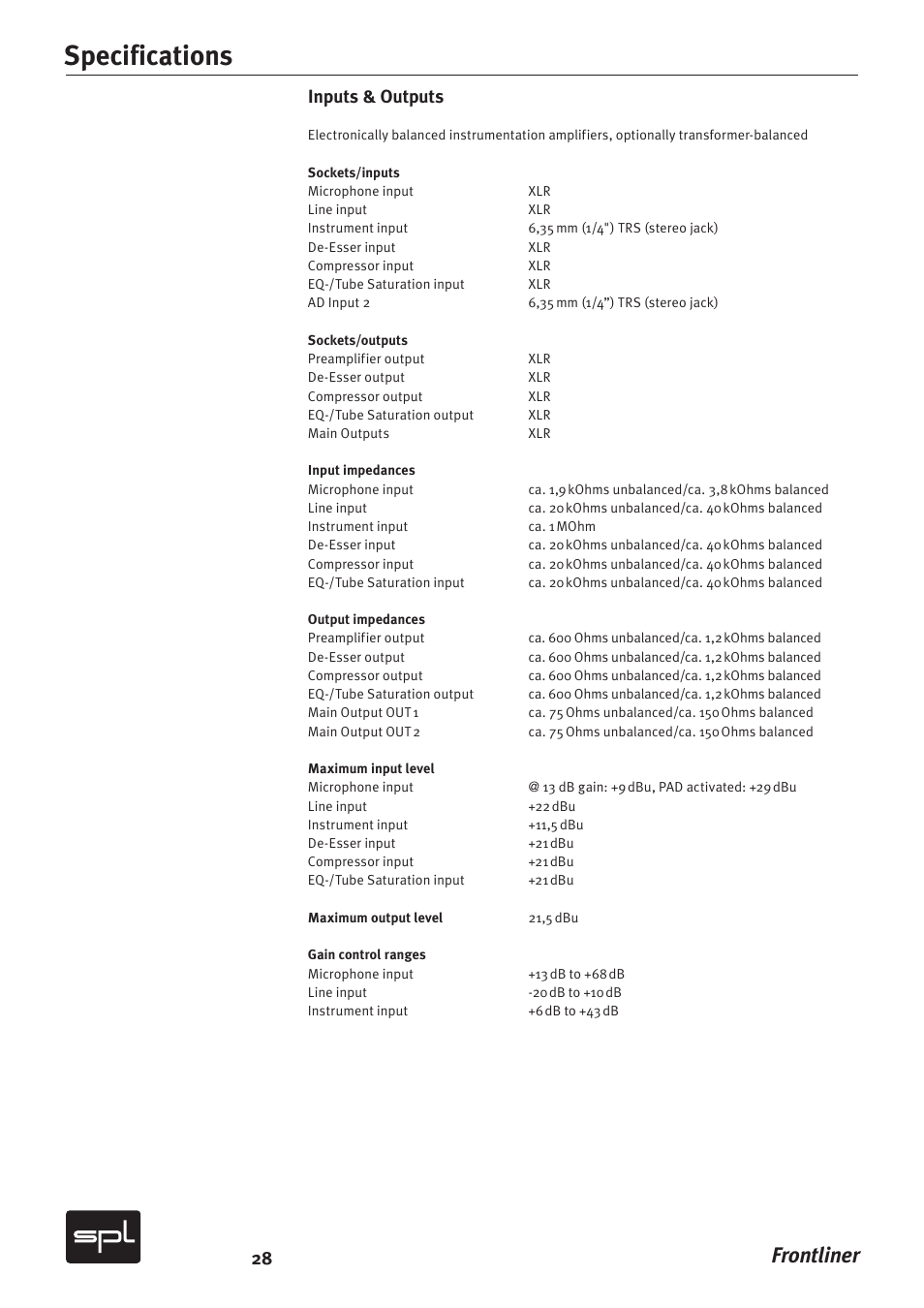 Specifications, Frontliner, Inputs & outputs | SPL Frontliner Modular Recording Channel User Manual | Page 28 / 34