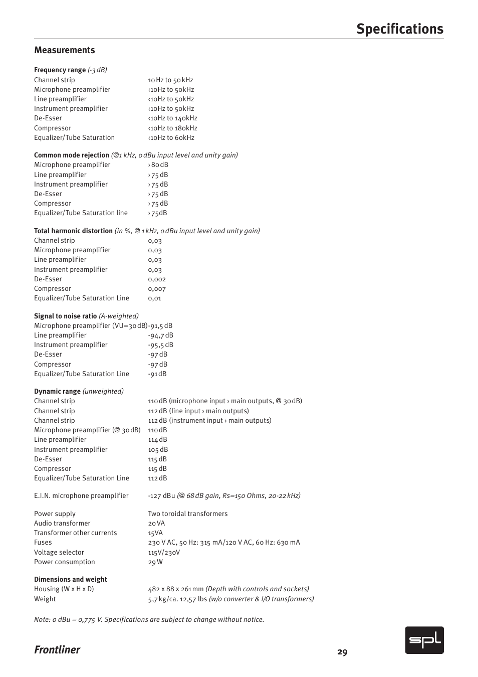 Specifications, Frontliner, Measurements | SPL Frontliner Modular Recording Channel User Manual | Page 29 / 34